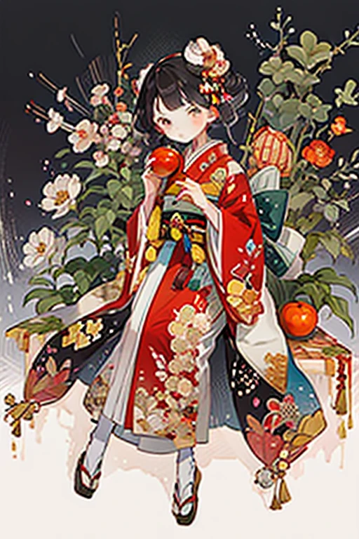 hard disk,1 mature female, Solo, fruit, Japanese dress, food, flower, Kimono, hairaccessories, apple, Holding food, Holding fruit, hair flower, red Kimono, Holding, with floral pattern, Black hair, blush, Wide sleeves, Sitting, Brown eyes, Belt bag, Long sleeves, Bangs, safflower, look at side, Bun, Belt bag, single Bun, look at the audience, print Kimono, Hands up, Short hair