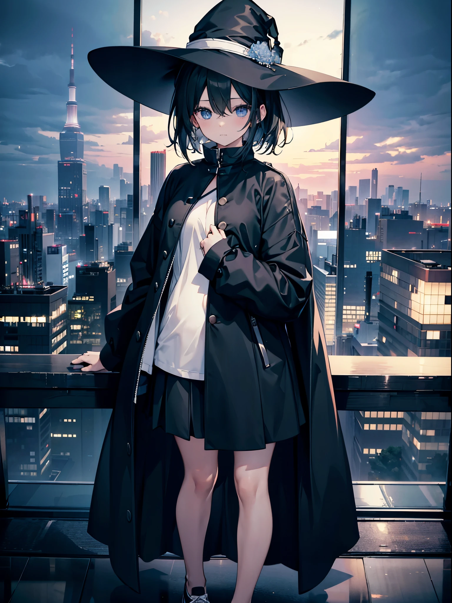 This is the rooftop of the tallest building in Tokyo.、You can look down on the city buildings from here.、It's night now、Woman wearing a large black witch hat with sapphire accessories、wearing a long black coat、I am wearing a white T-shirt that is so short that my belly button is visible.、She is wearing a long flowing ivory ankle-length skirt.、black running shoes with white laces、Short dark blue loose lob hair、small tits、