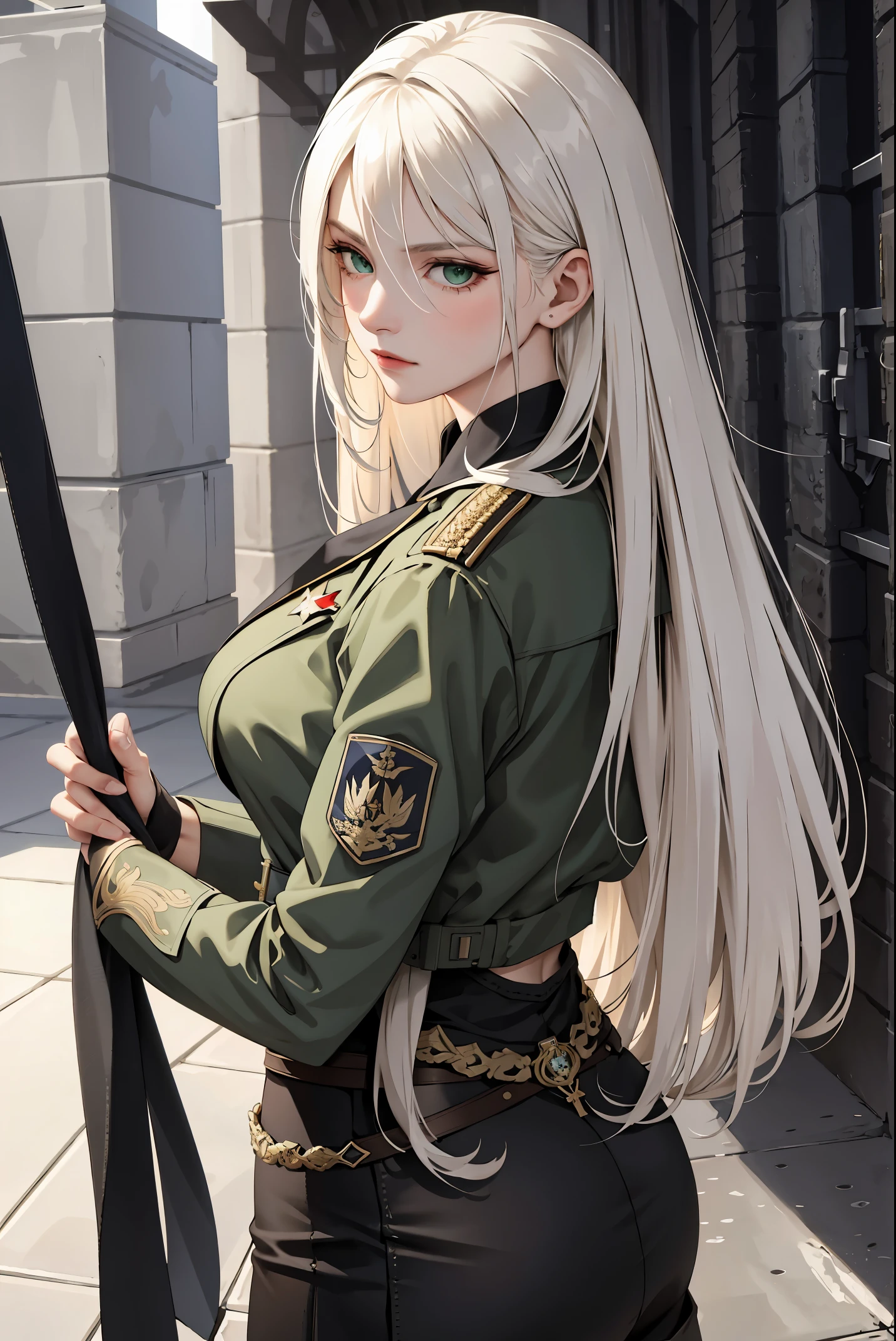 (masterpiece:1.2, best quality), (real picture, intricate details), 1lady, solo, upper body, long hair, minimal makeup, detailed face, serious, really long light platinum blonde hair, bangs, hair between eyes, green eyes, big plump breasts, big ass, big tits, clothes, military clothing, military, serious, war setting, military clothes, military pants, beautiful soldier girl, modern military, serious military clothes, (war background)