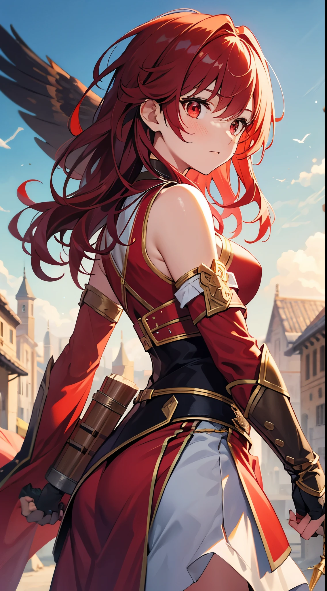 [[[ ultra-detailed, best quality, soft skin, beautiful, 4K]]], medium hair, red hair, red eyes, falcon, falconer, adventurer clothes, dynamic angle, village background.