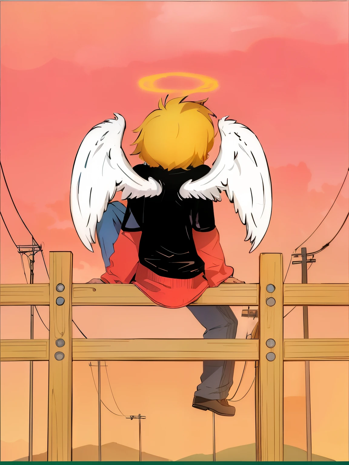 caricatura de una persona sentada en un banco con alas en la espalda, an ángel, Viendo la puesta de sol. anime, low ángel, niño alado, inspirado por Sugimura Jihei, inspirado por Jamie Hewlett, inspirado en Sakai Hōitsu, possibly an ángel, one ángel, ángel, ((puesta del sol)), fallen ángel, young wan ángel