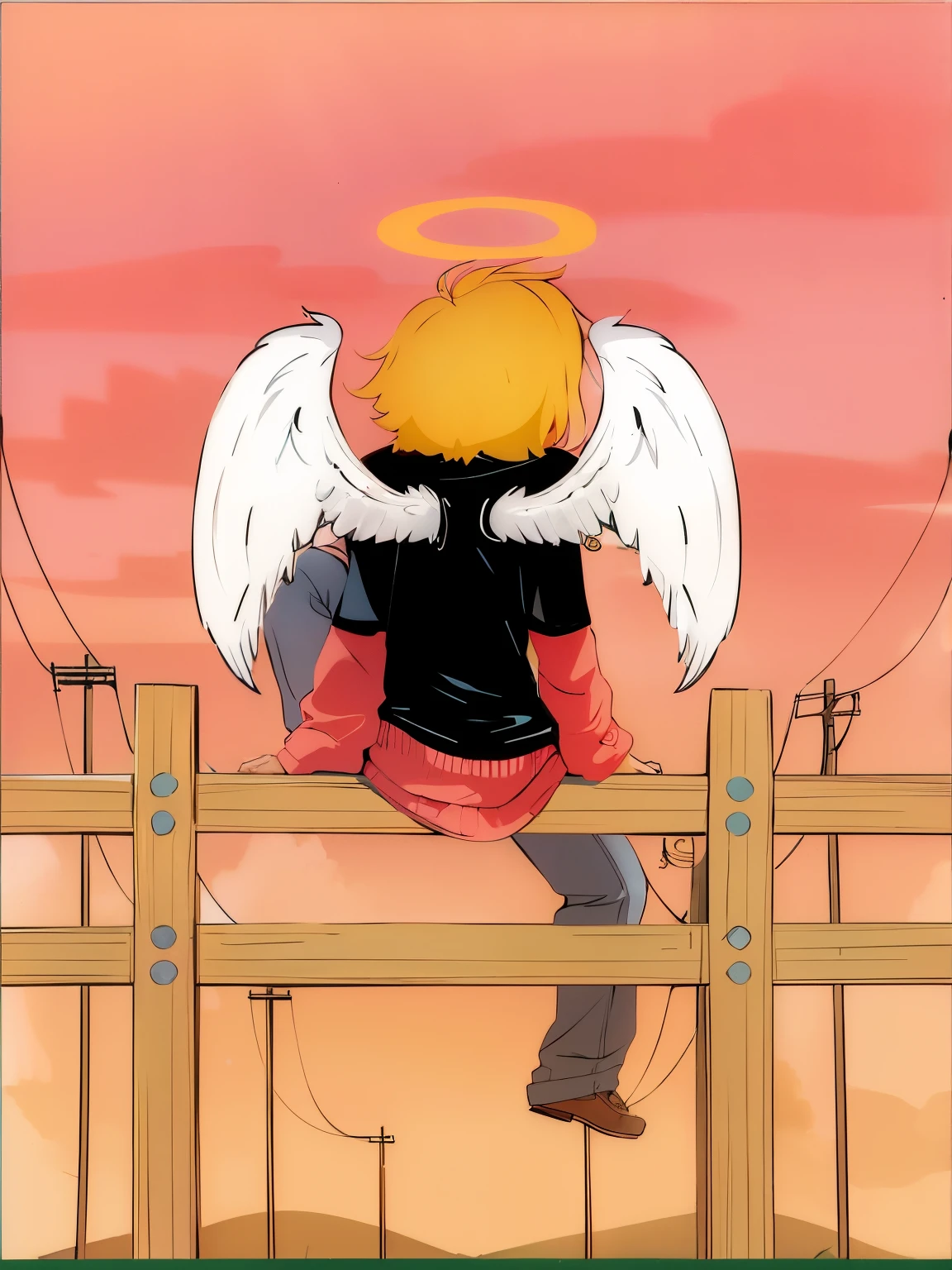 caricatura de una persona sentada en un banco con alas en la espalda, an ángel, Viendo la puesta de sol. anime, low ángel, niño alado, inspirado por Sugimura Jihei, inspirado por Jamie Hewlett, inspirado en Sakai Hōitsu, possibly an ángel, one ángel, ángel, ((puesta del sol)), fallen ángel, young wan ángel