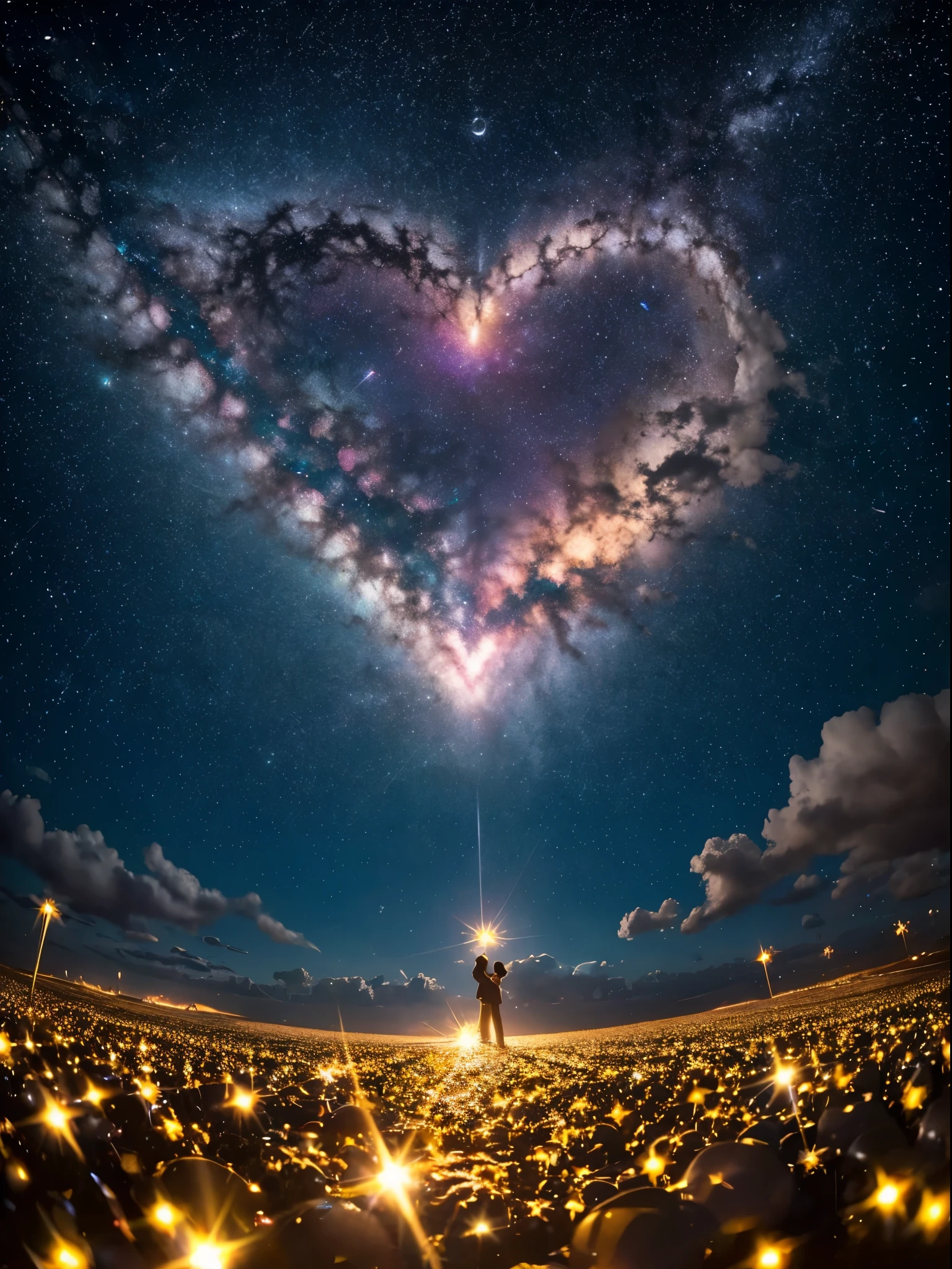 A breathtaking scene under a starry sky, where countless dreams shimmer. In the midst of this, a single heart, symbolized as a bright star, continues to shine with the light of hope.
