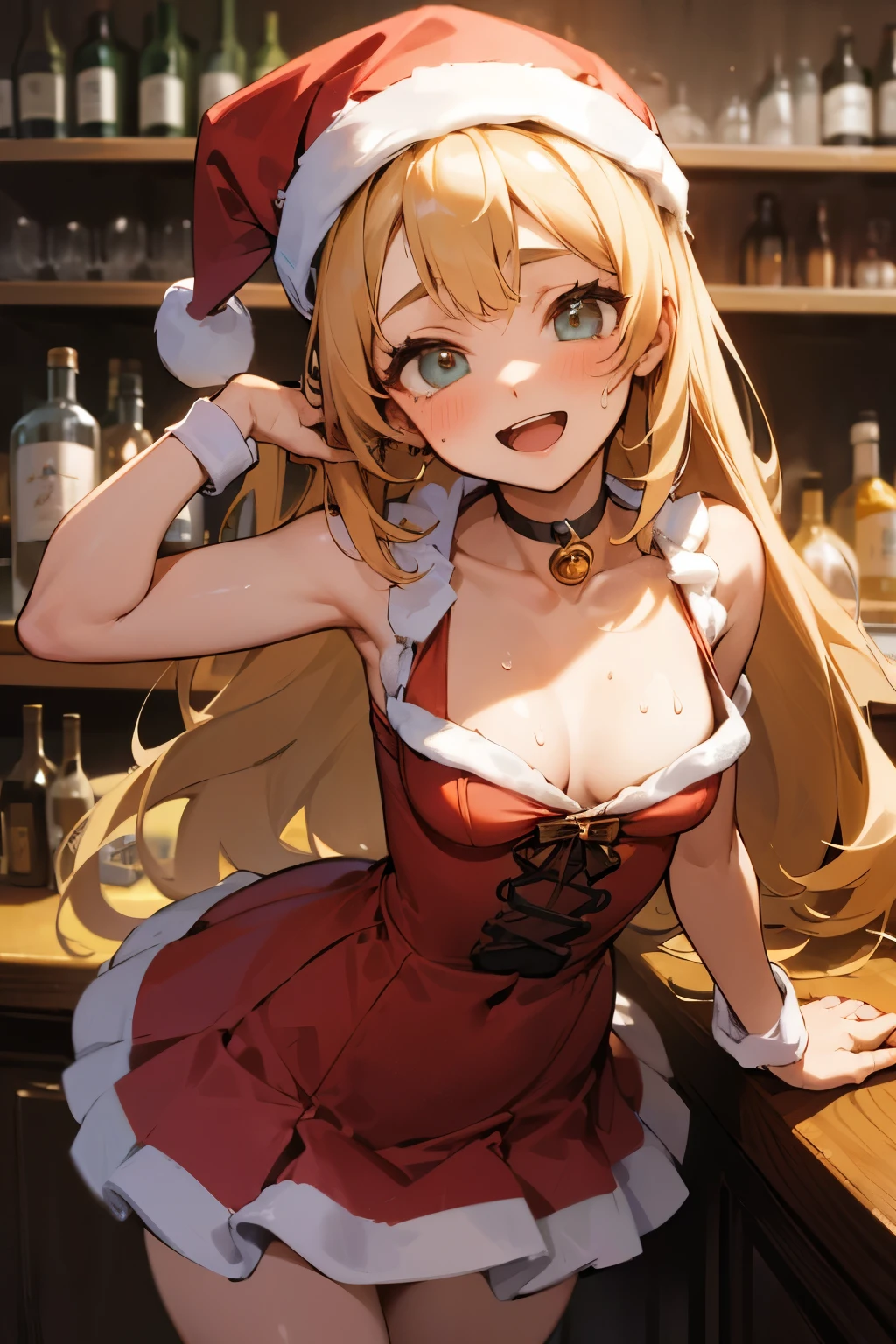 (masterpiece),(absurdres),(anime)、(santa costume:1.2)、( Christmas:1.1),cowboy shot,solo woman:1.1,(25-year-old),long hair:1.1,yellow hair:1.1,hair between eyes,french braid:0.9,(mega breast:0.9),(()),green eyes,(()),round sapphire pendant:0.8,(()),( sleeveless)、I have a drinking party with various people at an izakaya、 lantern light :1.3,( beer),smile,noseblush, pantyhose,open hand up,open mouth,sit on,Vibrant、half-closed eyes,