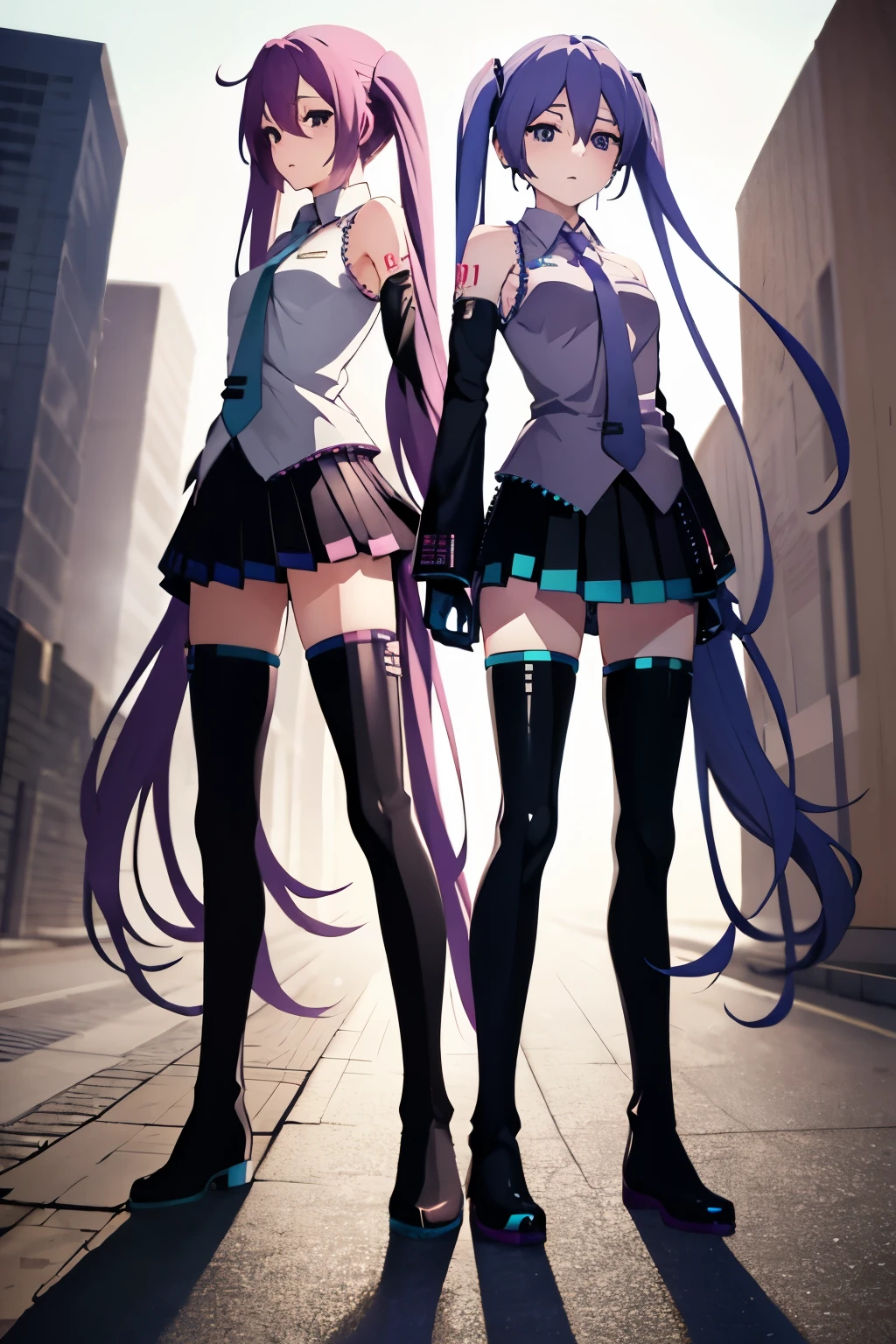 masutepiece, Best Quality, 1girl in, (Medusa),Purple hair, (black eyes:1.2),((Hatsune Miku's Costume))、((a miniskirt))、((embarassed expression))、((fullmoon))、((Photo from below))、((thigh high boots))、((Long))、((White Long Gloves))、