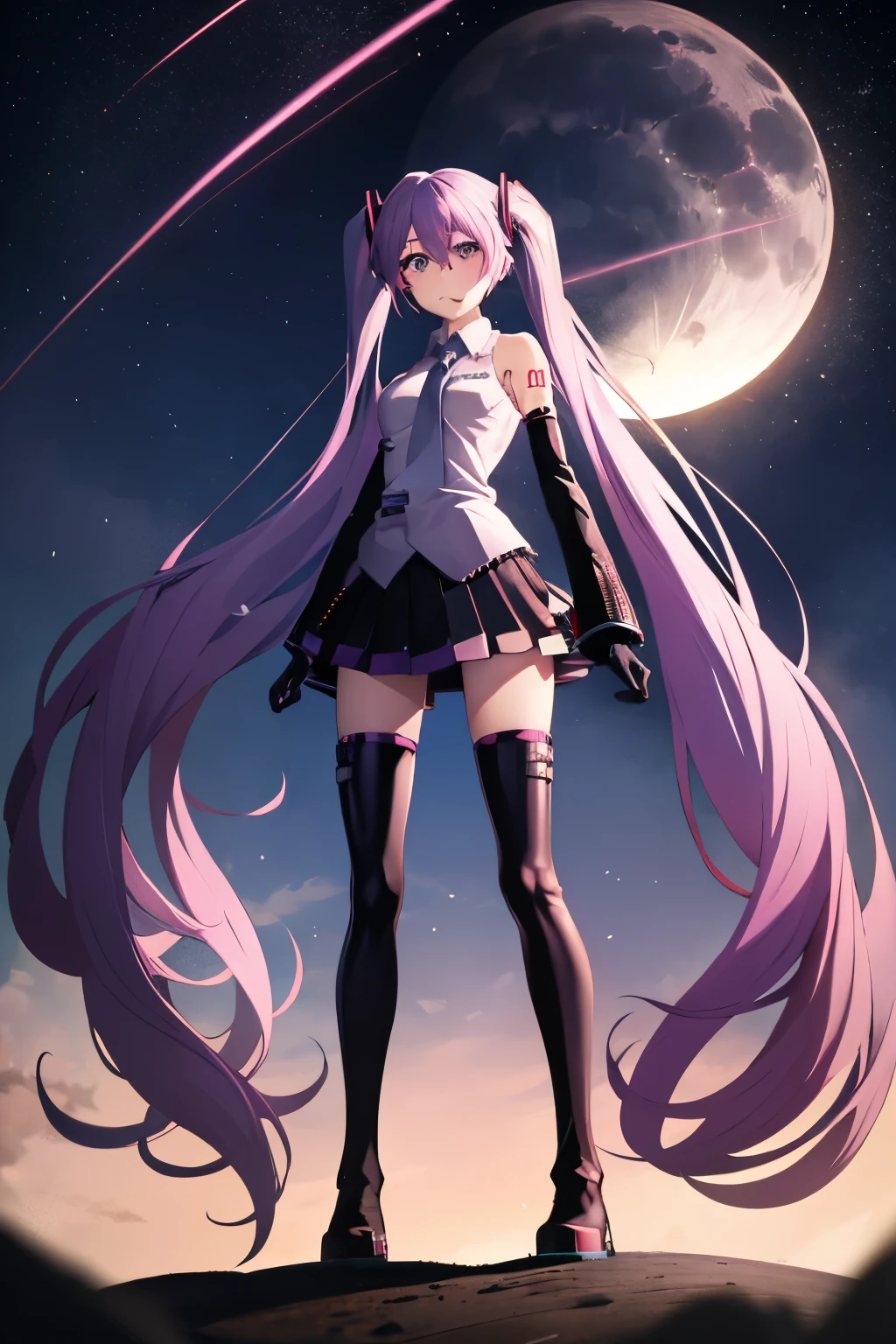 masutepiece, Best Quality, 1girl in, (Medusa),Purple hair, (black eyes:1.2),((Hatsune Miku's Costume))、((a miniskirt))、((embarassed expression))、((fullmoon))、((Photo from below))、((thigh high boots))、((Long))、((White Long Gloves))、