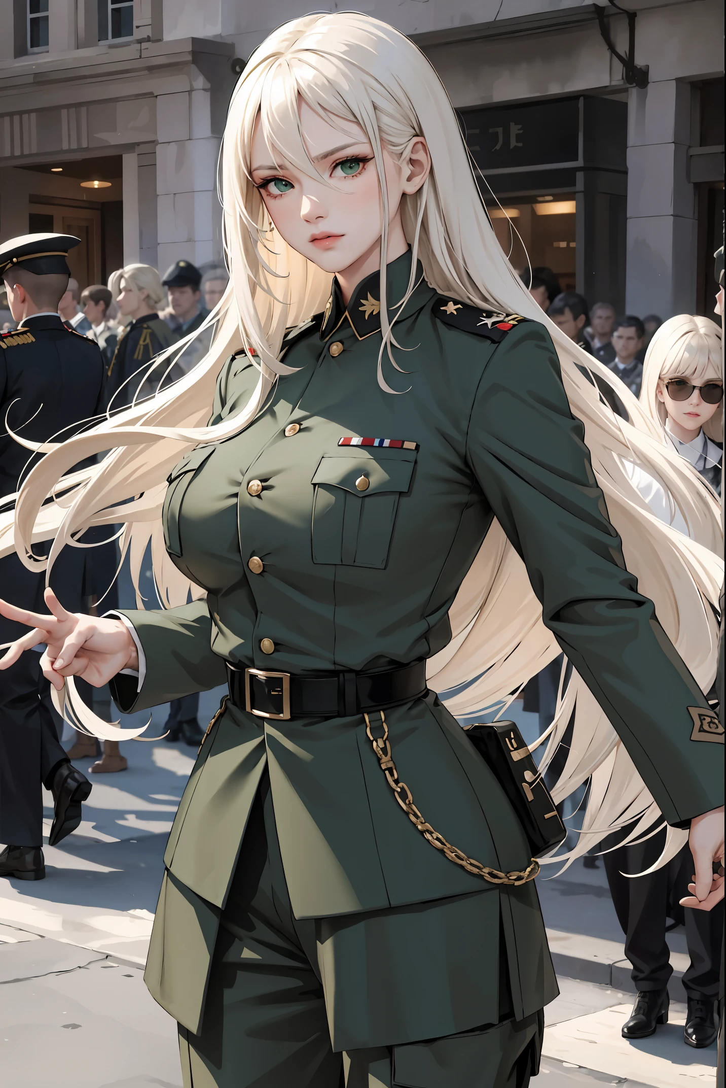 (masterpiece:1.2, best quality), (real picture, intricate details), 1lady, solo, upper body, long hair, minimal makeup, detailed face, serious, really long light platinum blonde hair, bangs, hair between eyes, green eyes, big plump breasts, big ass, big tits, clothes, military clothing, military, serious, war setting, military clothes, military pants, beautiful soldier girl, modern military, serious military clothes, formal modern military clothes, (war background)