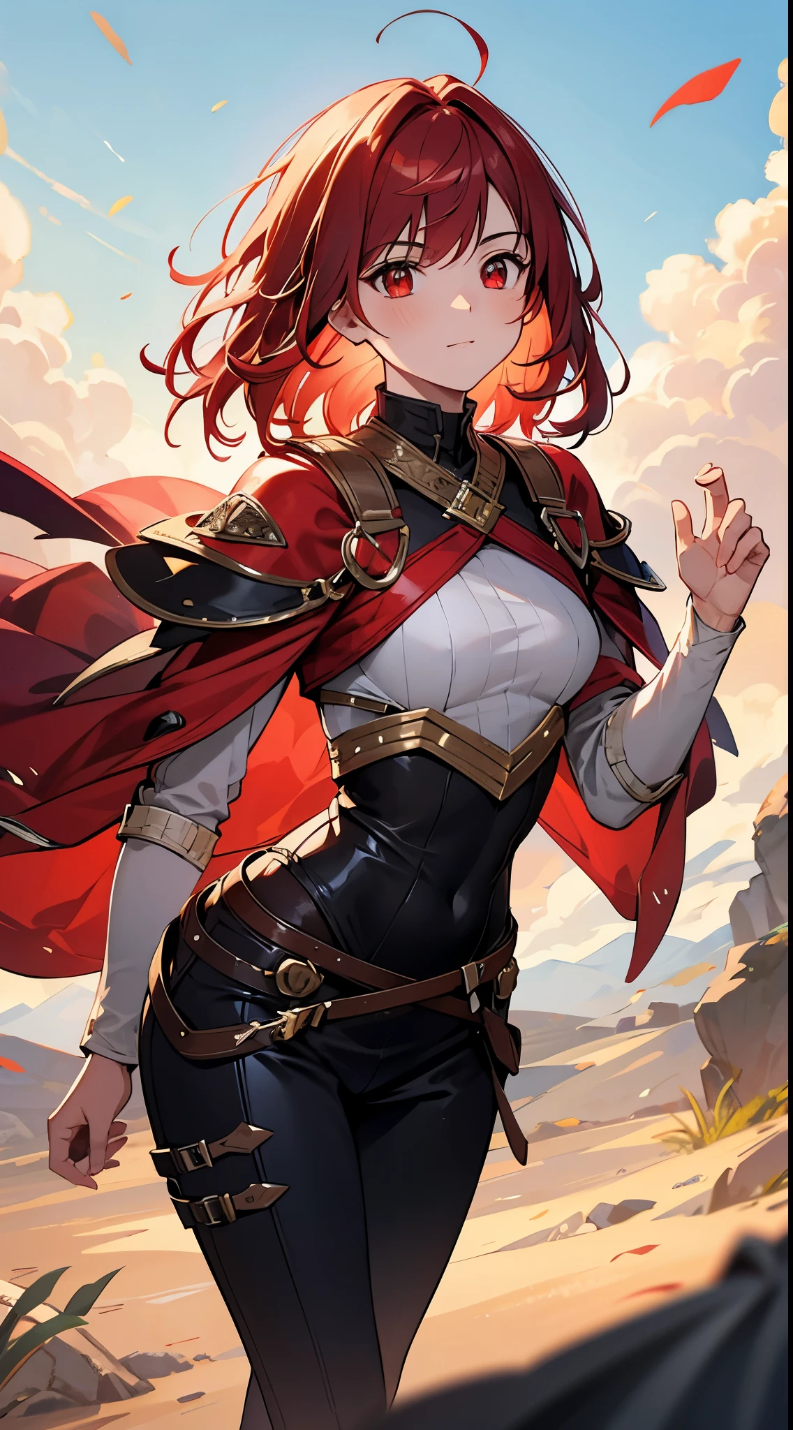 [[[ ultra-detailed, best quality, soft skin, beautiful, 4K]]], medium hair, red hair, red eyes, falcon, falconer, adventurer clothes, dynamic angle, village background.