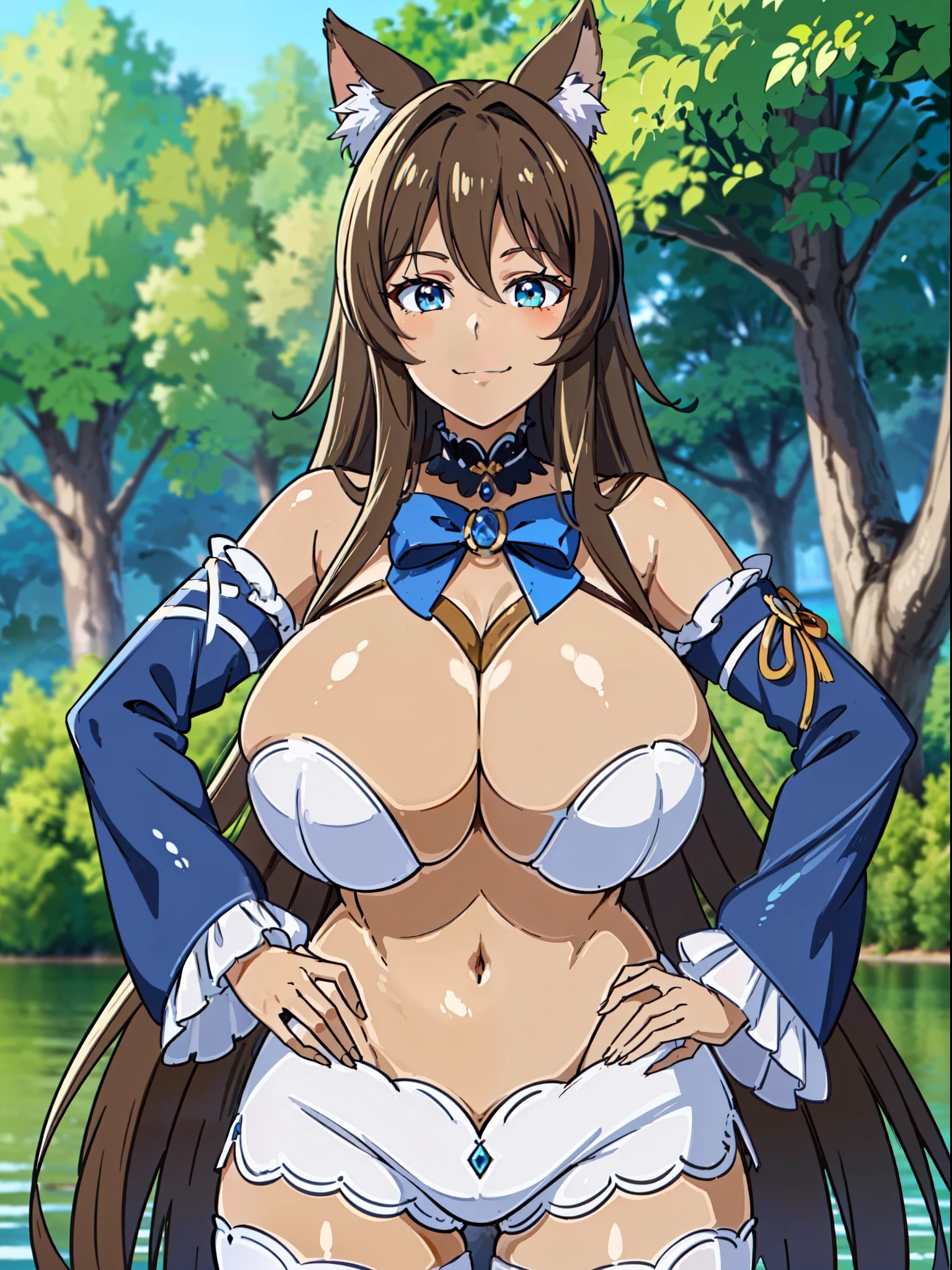 masterpiece, best quality, extremely detailed, 1girl, gyaru, solo, (dark brown skin:2), chiyome, (huge breasts:1.6), ((((black hair), very long hair, parted bangs, blue eyes, slit pupils, animal ear fluff))), parted lips, (((outfit-kokomi, white shorts, white thighhighs, detached sleeves, frills, bow, navel))), ((naughty smile), closed mouth), ((hands on own hips, lake, forest)), parody