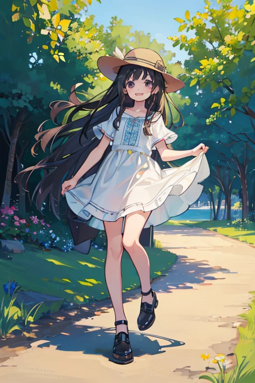 1 girl, solo, dark hair, long hair, ***********, child, summer clothes, hat, wearing hat, pretty girl, happy, smiling, (background in scenery), full body