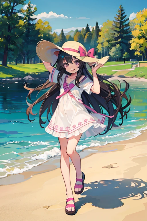 1 girl, solo, dark hair, long hair, 8 years old, child, summer clothes, hat, wearing hat, pretty girl, happy, smiling, (background in scenery), full body