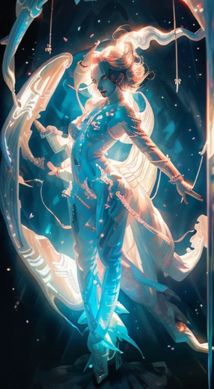 Ultra detailed illustration of the silhouette of a woman, phantasmagorical figure, (((translucent skin:1.5))), (((translucent body:1.5))), art by Mschiffer, neon lights, light particles, colorful, cmyk colors, backlit