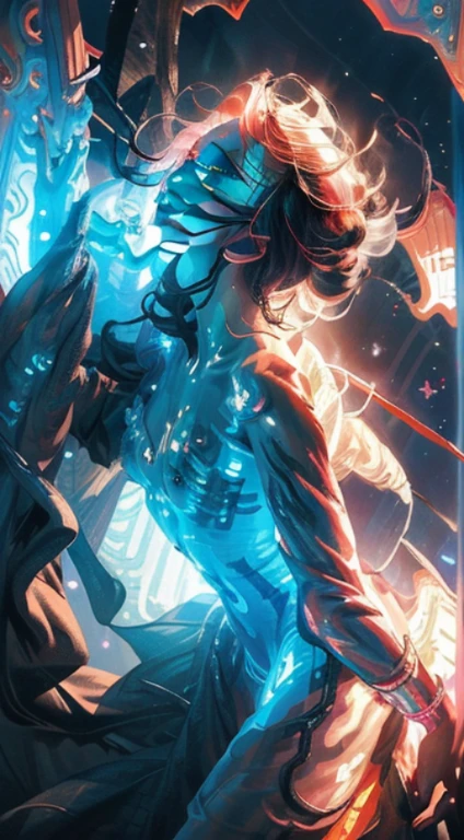 Ultra detailed illustration of the silhouette of a woman, phantasmagorical figure, (((translucent skin:1.5))), (((translucent body:1.5))), art by Mschiffer, neon lights, light particles, colorful, cmyk colors, backlit