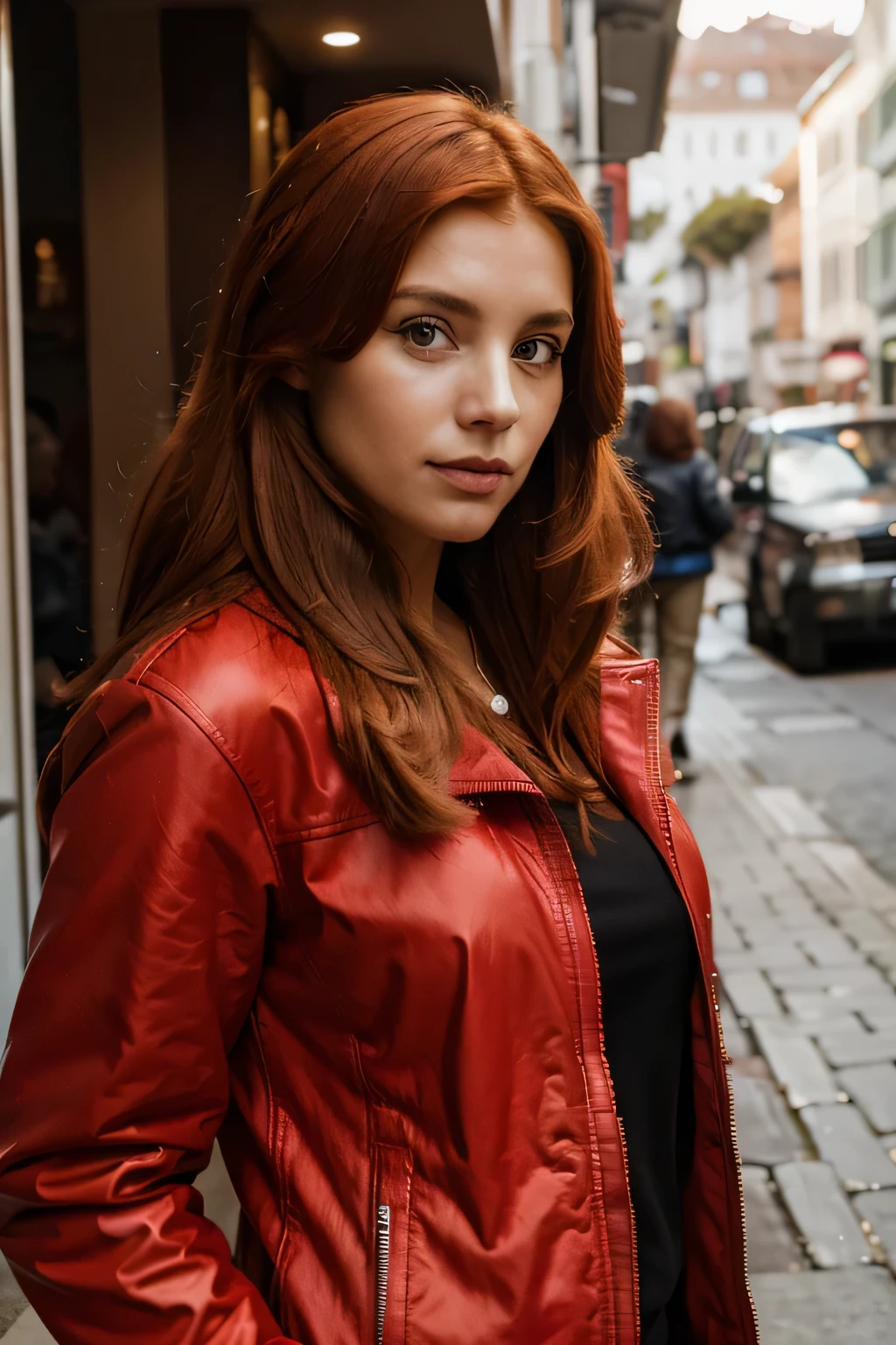 a woman in a red jacket looking at the camera, red haired a picture by maria helena Viera da silva