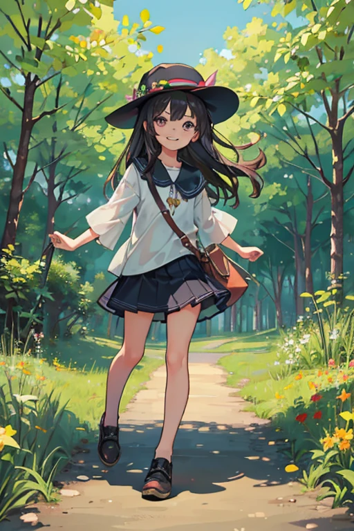 1 girl, solo, dark hair, long hair, 8 , child, suclothes, hat, wearing hat, pretty girl, happy, smiling, (background in forest), scenery, full body