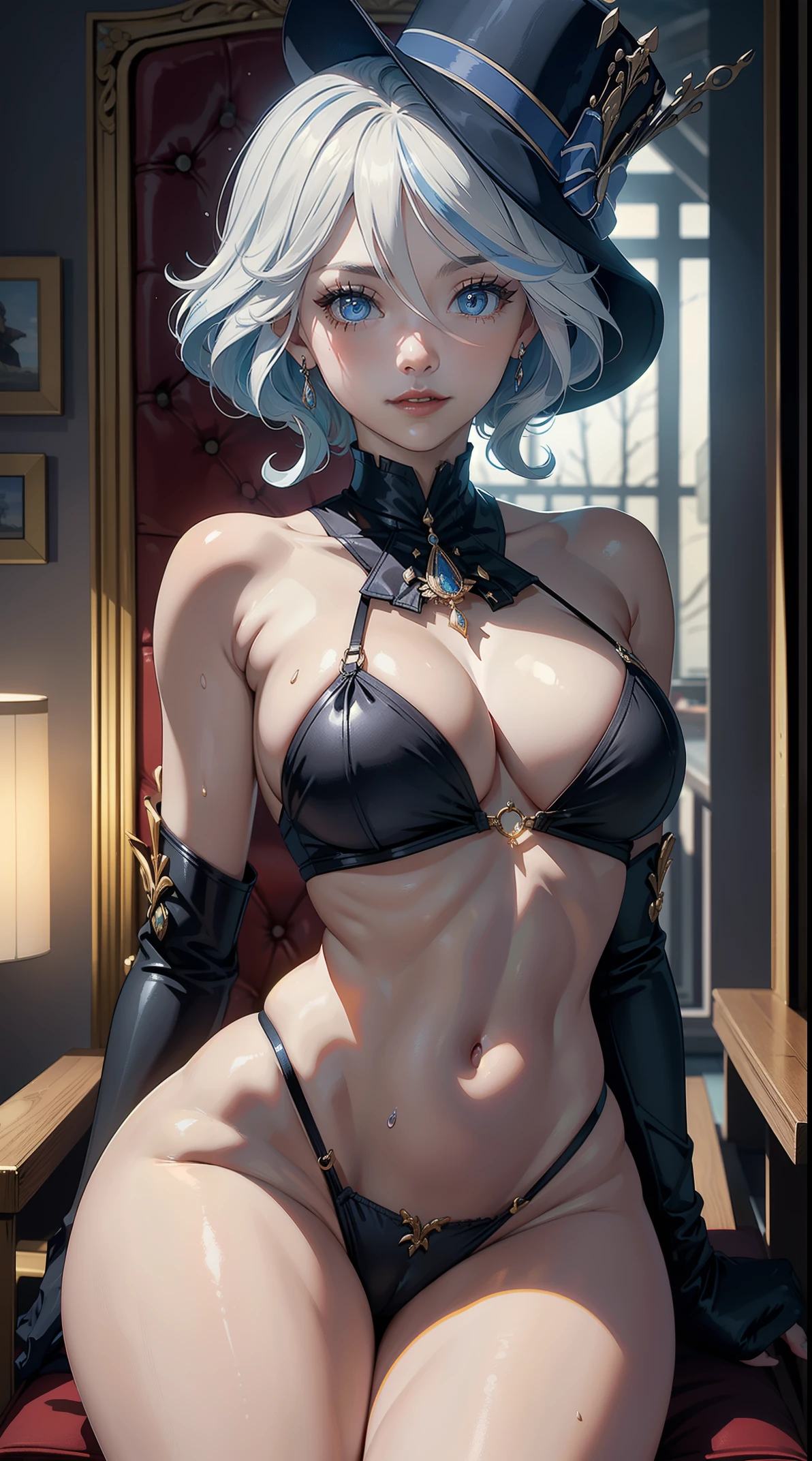 ((masterpiece)),(bestquality),((ultra-detailed)), ((beautiful detailed face)), ((cinematic lighting)), depth of field,detailed lighting,((beautiful detailed eyes)), red lip, (throne), sitting, smile,eyeshadow,large breast, navel, pubic hair,cleavage,((sexy)), ((furinadef))