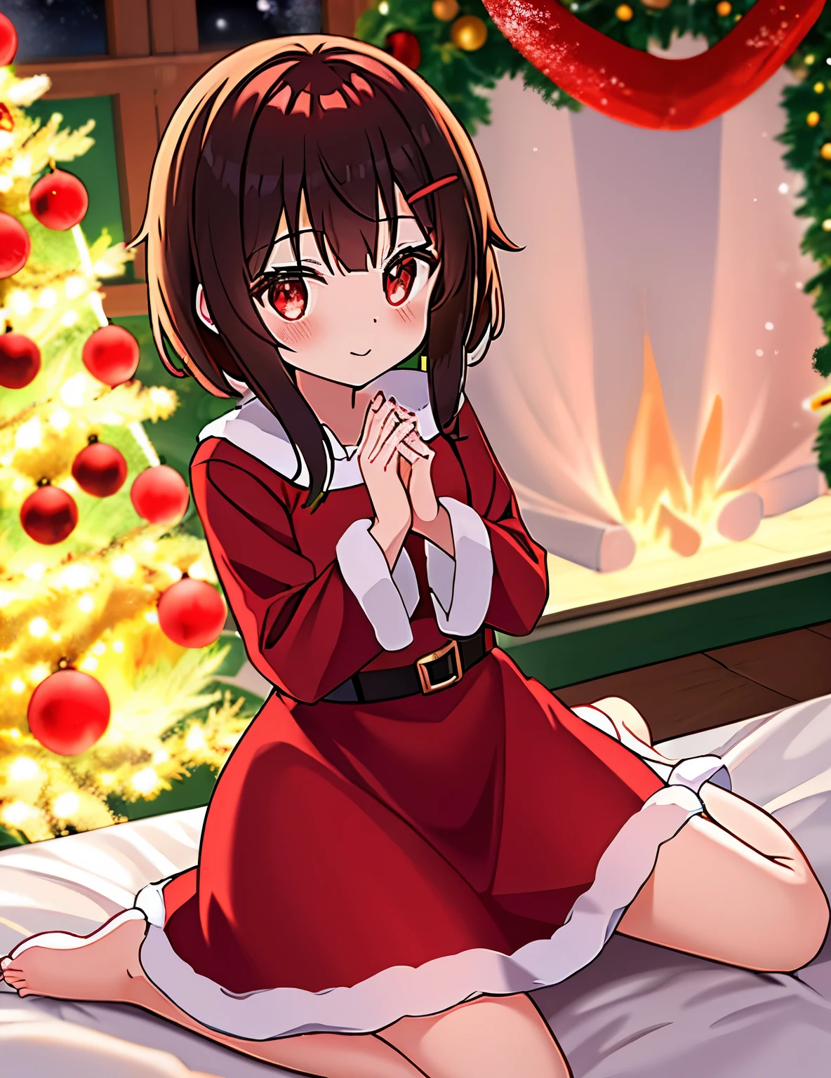 Megumin, red eyes, cabelos curto, cabelo castanho, Santa Claus Christmas outfit, em casa, perto da lalaleira, hands crossed, com vergonha, presentes de natal, white christmas tree, beautiful hands and feet.