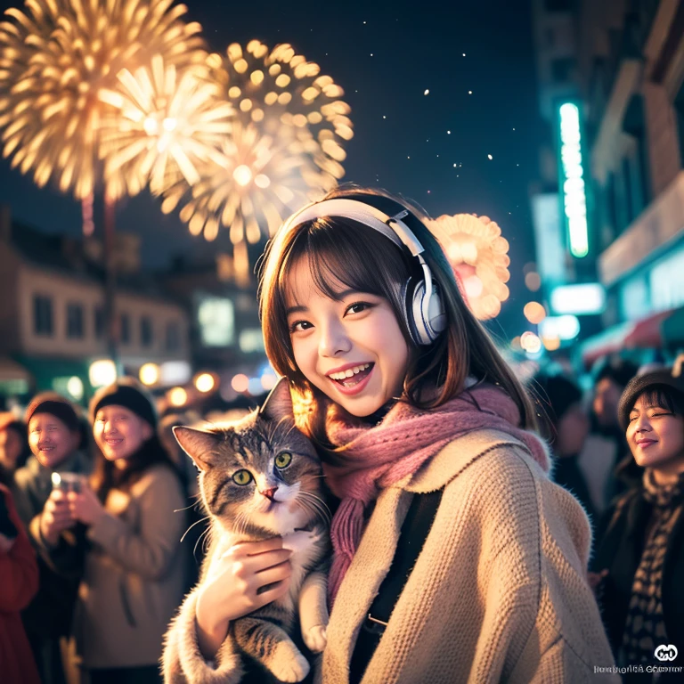 (best quality,4k,8k,highres,masterpiece:1.2),ultra-detailed,(realistic,photorealistic,photo-realistic:1.37),A cute anime girl holding a cat,green eyes,long hair,is listening to music on New Year's Eve street,anime style,joyful atmosphere,neon lights,colorful fireworks,sparkling stars,winter night,cosy warm scarf,playful expression,dynamic pose,music player,street decorations,happy crowd,smiling faces,cute cat,skyscrapers in the background,cheerful mood,excitement,celebration,snowflakes falling,enchanted wonderland,artistic illustration,soft pastel colors,ambient lighting.