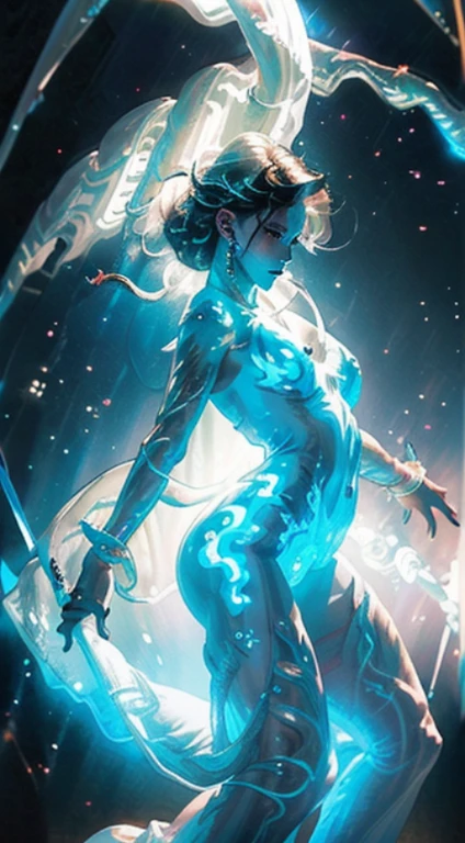 Ultra detailed illustration of the silhouette of a woman, phantasmagorical figure, (((translucent skin:1.5))), (((translucent body:1.5))), art by Mschiffer, neon lights, light particles, colorful, cmyk colors, backlit