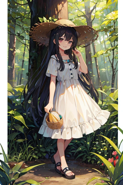 1 girl, solo, dark hair, long hair, 8 years old, child, summer clothes, straw hat, wearing hat, pretty girl, happy, smiling, (background in forest), scenery, full body
