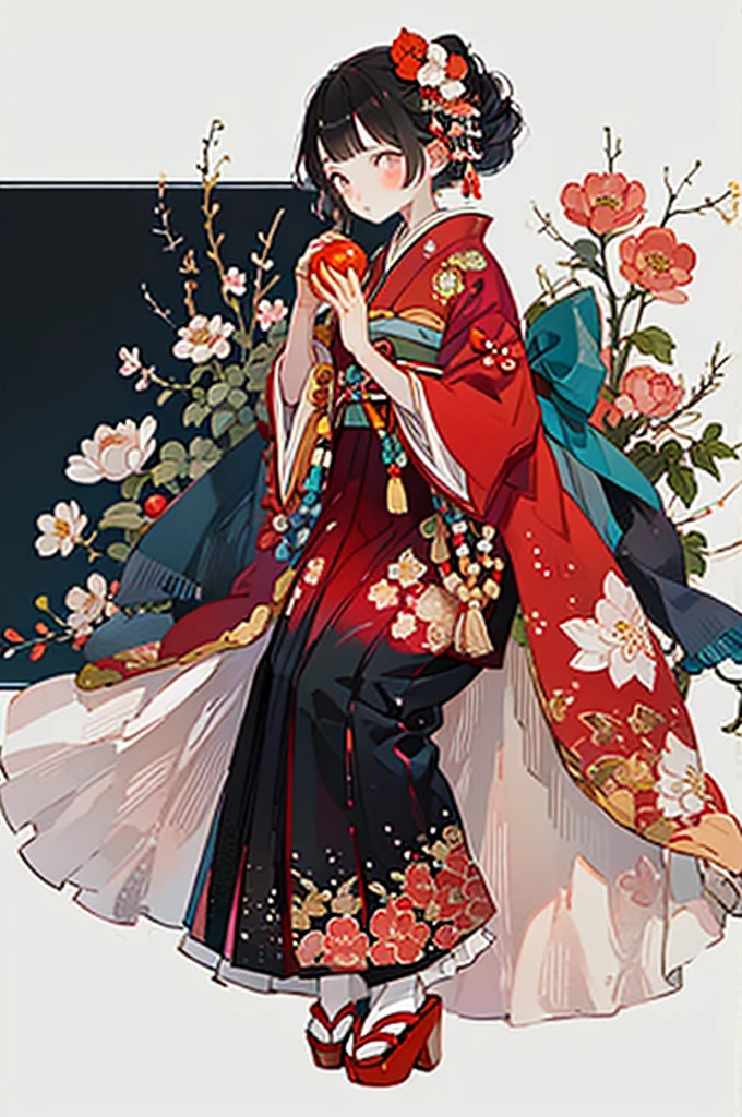 hard disk,One Woman, Solo, fruit, Japanese dress, food, flower, Kimono, hairaccessories, apple, Holding food, Holding fruit, hair flower, red Kimono, Holding, with floral pattern, Black hair, blush, Wide sleeves, Sitting, Brown eyes, Belt bag, Long sleeves, Bangs, safflower, look at side, Bun, Belt bag, single Bun, look at the audience, print Kimono, Hands up, Short hair