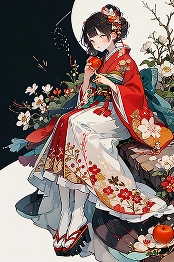 hard disk,One Woman, Solo, fruit, Japanese dress, food, flower, Kimono, hairaccessories, apple, Holding food, Holding fruit, hair flower, red Kimono, Holding, with floral pattern, Black hair, blush, Wide sleeves, Sitting, Brown eyes, Belt bag, Long sleeves, Bangs, safflower, look at side, Bun, Belt bag, single Bun, look at the audience, print Kimono, Hands up, Short hair