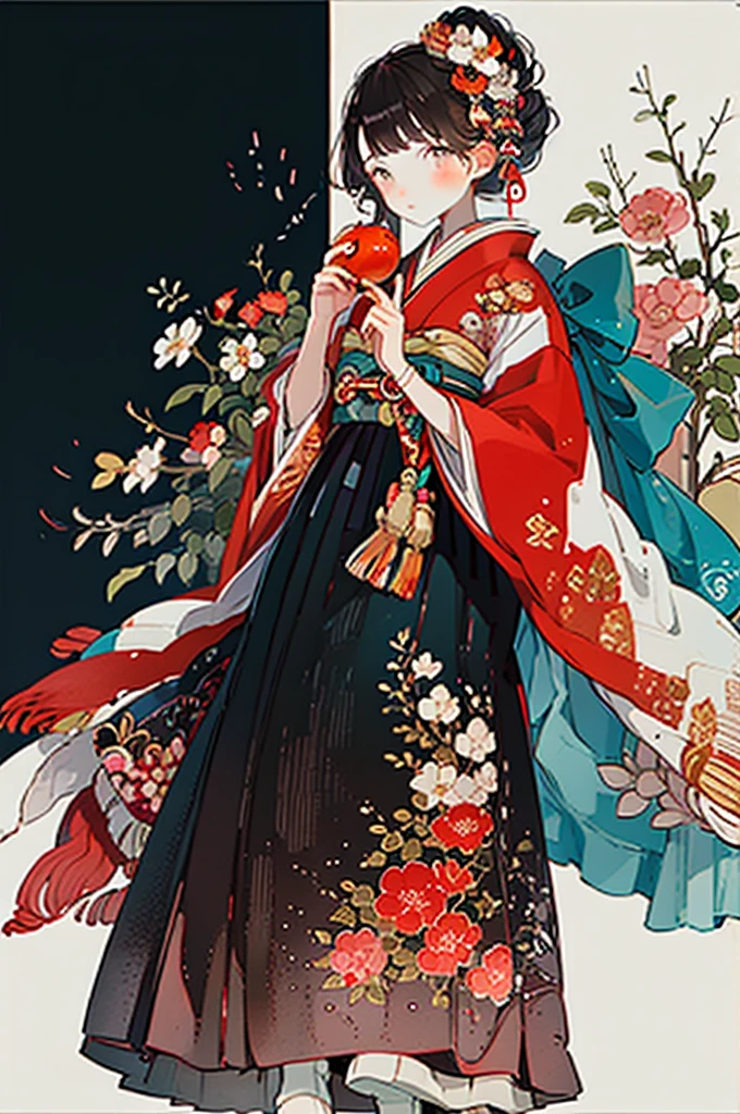 hard disk,One Woman, Solo, fruit, Japanese dress, food, flower, Kimono, hairaccessories, apple, Holding food, Holding fruit, hair flower, red Kimono, Holding, with floral pattern, Black hair, blush, Wide sleeves, Sitting, Brown eyes, Belt bag, Long sleeves, Bangs, safflower, look at side, Bun, Belt bag, single Bun, look at the audience, print Kimono, Hands up, Short hair