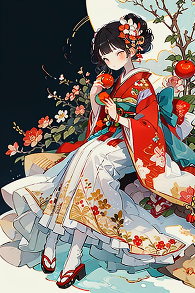 hard disk,One Woman, Solo, fruit, Japanese dress, food, flower, Kimono, hairaccessories, apple, Holding food, Holding fruit, hair flower, red Kimono, Holding, with floral pattern, Black hair, blush, Wide sleeves, Sitting, Brown eyes, Belt bag, Long sleeves, Bangs, safflower, look at side, Bun, Belt bag, single Bun, look at the audience, print Kimono, Hands up, Short hair