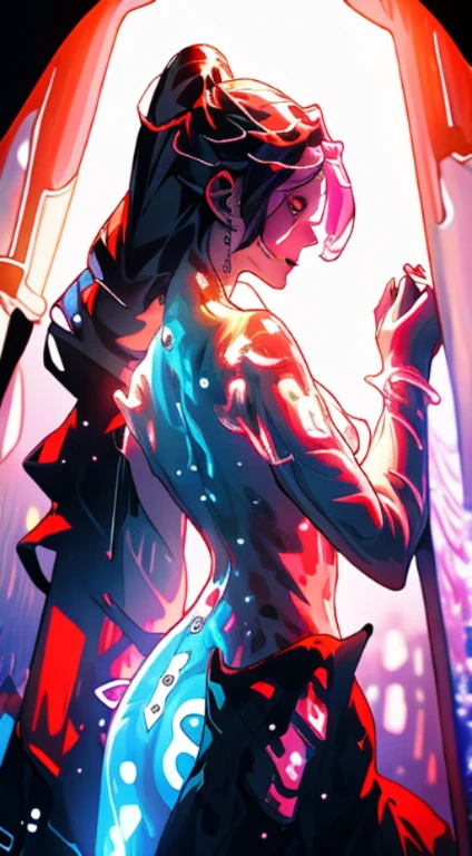 Ultra detailed illustration of the silhouette of a woman, phantasmagorical figure, (((translucent skin:1.5))), (((translucent body:1.5))), art by Mschiffer, neon lights, light particles, colorful, cmyk colors, backlit