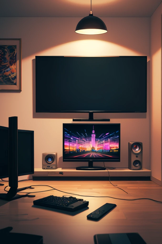 (masterpiece), (best illustration),(no humans), anime background, gaming bedroom, television with large computer, ring lighting , rim lighting,(extremely detailed CG unity 8k wallpaper),(masterpiece), (best quality), (vaporwave style), (ultra-detailed), (best illustration),(best shadow),perfect lighting , perfect anatomy , vivid colors,