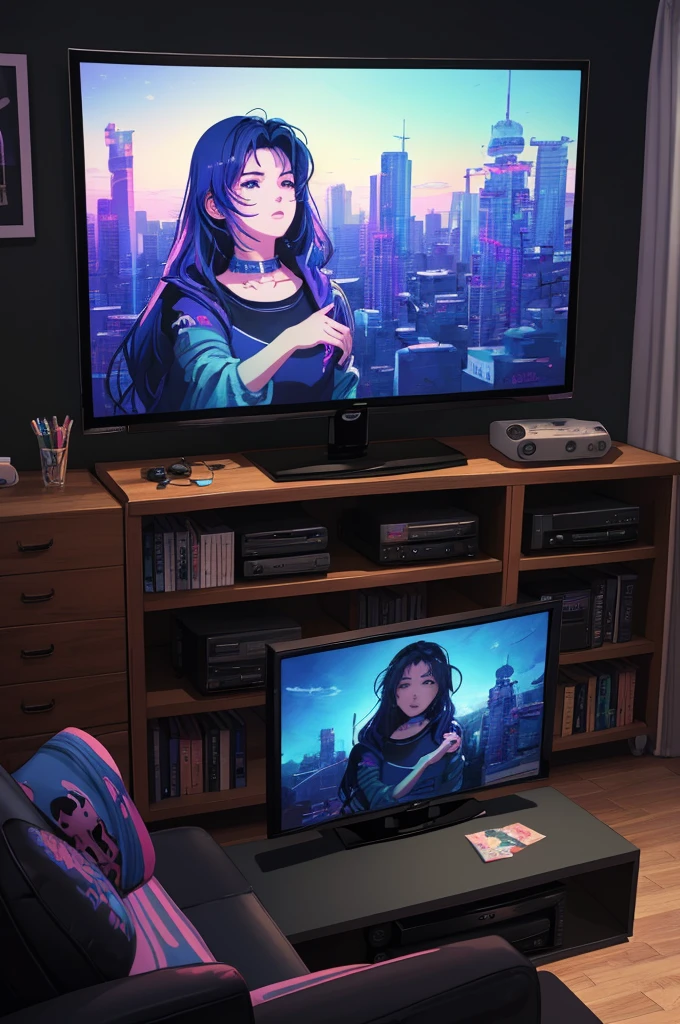 (masterpiece), (best illustration),(no humans), anime background, gaming bedroom, television with large computer, ring lighting , rim lighting,(extremely detailed CG unity 8k wallpaper),(masterpiece), (best quality), (vaporwave style), (ultra-detailed), (best illustration),(best shadow),perfect lighting , perfect anatomy , vivid colors,