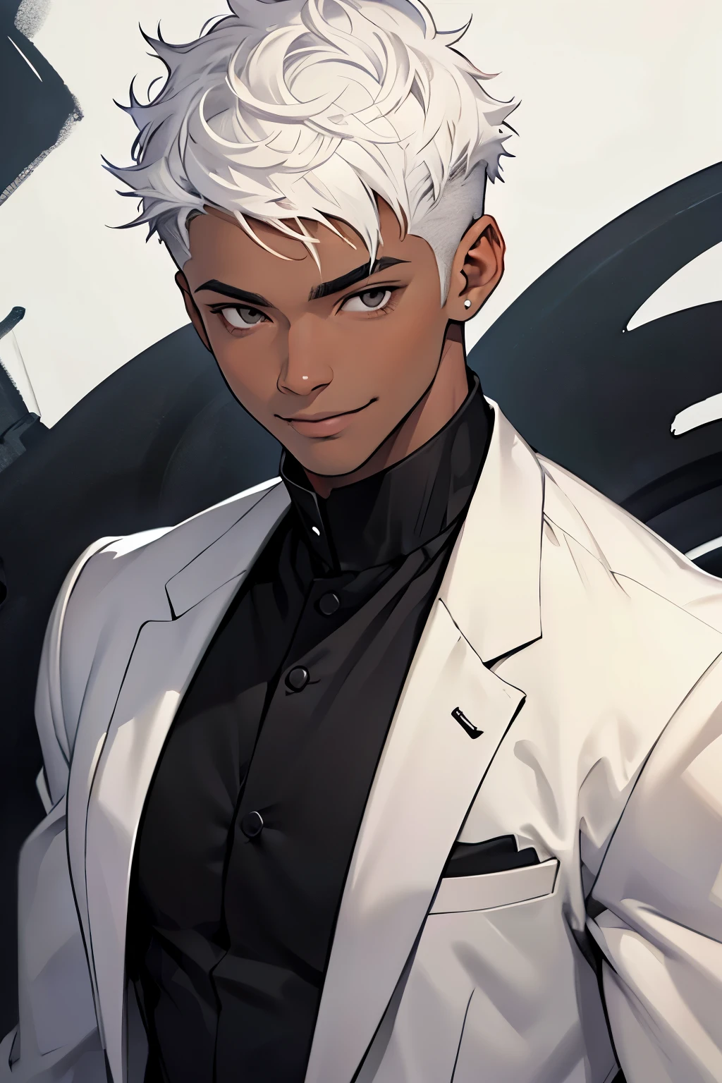 Black young man, messy hair, short hair, white hair, white shirt, black pantes, beautiful, smile, black eyes, short hair, black eyebrown, mid fade, beautiful, young man, tall, student