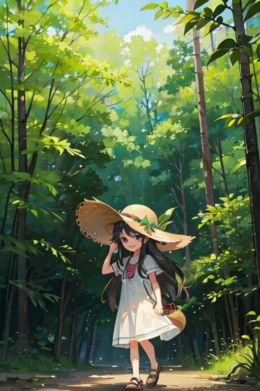 1 girl, solo, dark hair, long hair, 8 , child, suclothes, straw hat, wearing hat, pretty girl, happy, smiling, (background in forest), scenery,shrine, full body