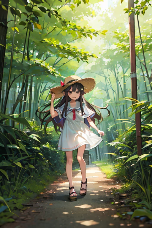 1 girl, solo, dark hair, long hair, 8 years old, child, summer clothes, straw hat, wearing hat, pretty girl, happy, smiling, (background in forest), scenery,shrine, full body