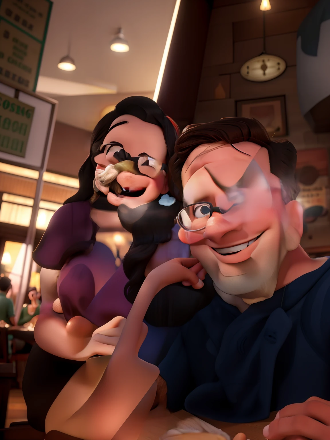 Disney style couple with glasses smiling in restaurant having chimarrão