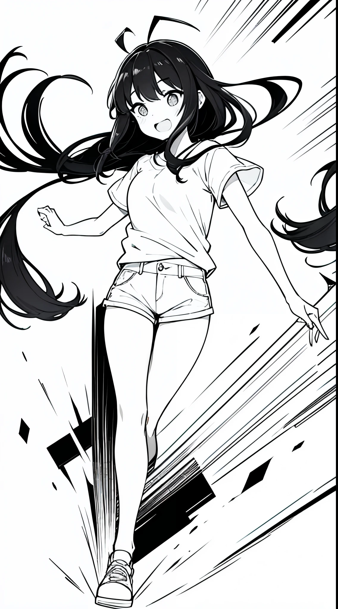 1girl,10s years,solo,smile,blush,black eyes,black sclera,black hair,long hair,(((hair 2antennas))),white shirt,short sleeves,white shorts,(white background, line drawing),running,full body,open mouth