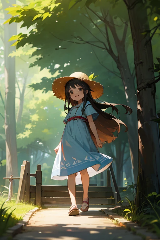 1 girl, solo, dark hair, long hair, 8 years old, child, summer clothes, straw hat, wearing hat, pretty girl, happy, smiling, (background in forest), scenery,shrine, full body