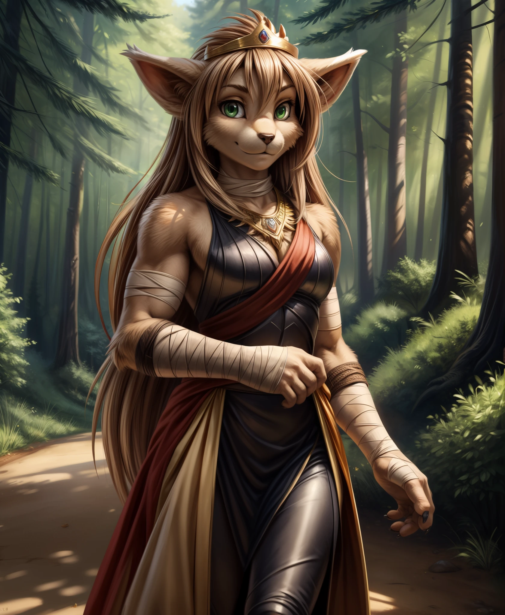 by kenket, by totesfleisch8, (by thebigslick, by silverfox5213:0.8), (by syuro:0.2),, king-adelaide, twokids, (best quality, masterpiece:1), solo, furry female anthro, green eyes, arm wraps, long hair, light brown hair, portrait, fingers, finger claws, looking at viewer, feline tail, strong, muscular, crown, (outdoors dark forest trees blurry blurred background:1.1),