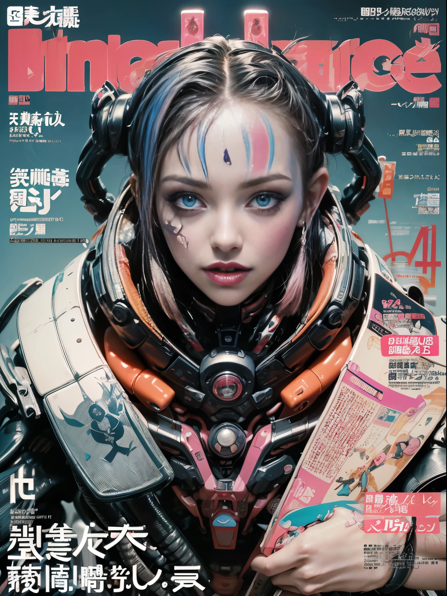 Flowing_contour biomechanical__cybernetic_airbrush___Strange__(((Japanese Harajuku style Fashion_((colorful Magazine_cover))__art_decor_Border)))__porcelain_and_Platinum / Futuristic Cyberpunk woman with porcelain skin, cybernetic implants.