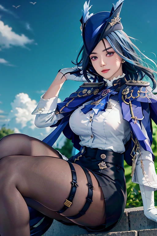 {{{masterpiece}}},{extremely detailed CG unity 8k wallpaper},best quality,Amazing,finely detail,solo,cinematic lighting,close-up,{{floating hair}},{{Sakura}},outdoors,sky,{{wind}},detailed background,beautiful detailed eyes,,bright pupilull body}}, dynamic pose,dynamic angle,looking at viewer,detailed clothes,
Clorinde, 1girl, solo, purple eyes, gloves, hat, breasts, pantyhose, sitting, skirt, white gloves, long hair, sky, looking at viewer, outdoors, shirt, black skirt, hair over one eye, cloud, boots, long sleeves, white shirt, large breasts, hand up, eyes visible through hair, blue sky, ascot, day, brown pantyhose, floating hair, jewelry, bangs, hat feather, closed mouth, black footwear, jacket, blue hair, pencil skirt, thigh strap, black pantyhose, high-waist skirt, black hair, blue cape, buttons, cape, button gap,(full body,:1.3),hidden ears