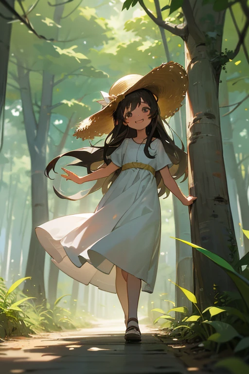 1 girl, solo, dark hair, long hair, 8 years old, child, summer clothes, straw hat, wearing hat, white dress, pretty girl, happy, smiling, (background in forest), scenery,shrine, full body