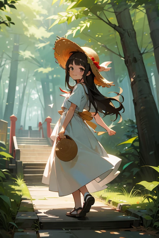 1 girl, solo, dark hair, long hair, 8 years old, child, summer clothes, straw hat, wearing hat, white dress, pretty girl, happy, smiling, (background in forest), scenery,shrine, full body