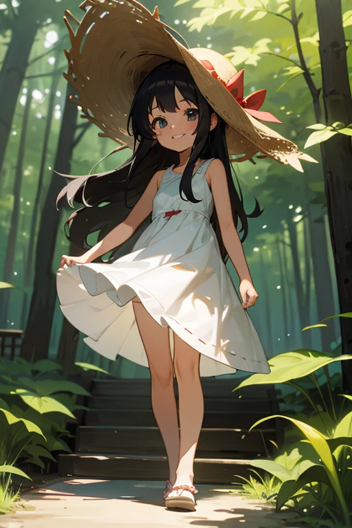 1 girl, solo, dark hair, long hair, 8 years old, child, summer clothes, straw hat, wearing hat, white dress, pretty girl, happy, smiling, (background in forest), scenery,shrine, full body