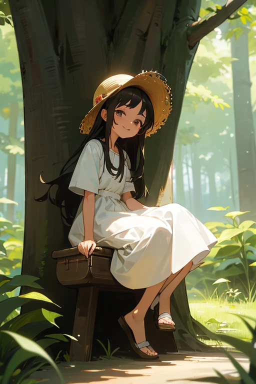 1 girl, solo, dark hair, long hair, 8 years old, child, summer clothes, straw hat, wearing hat, white dress, pretty girl, happy, smiling, (background in forest), scenery,shrine, full body