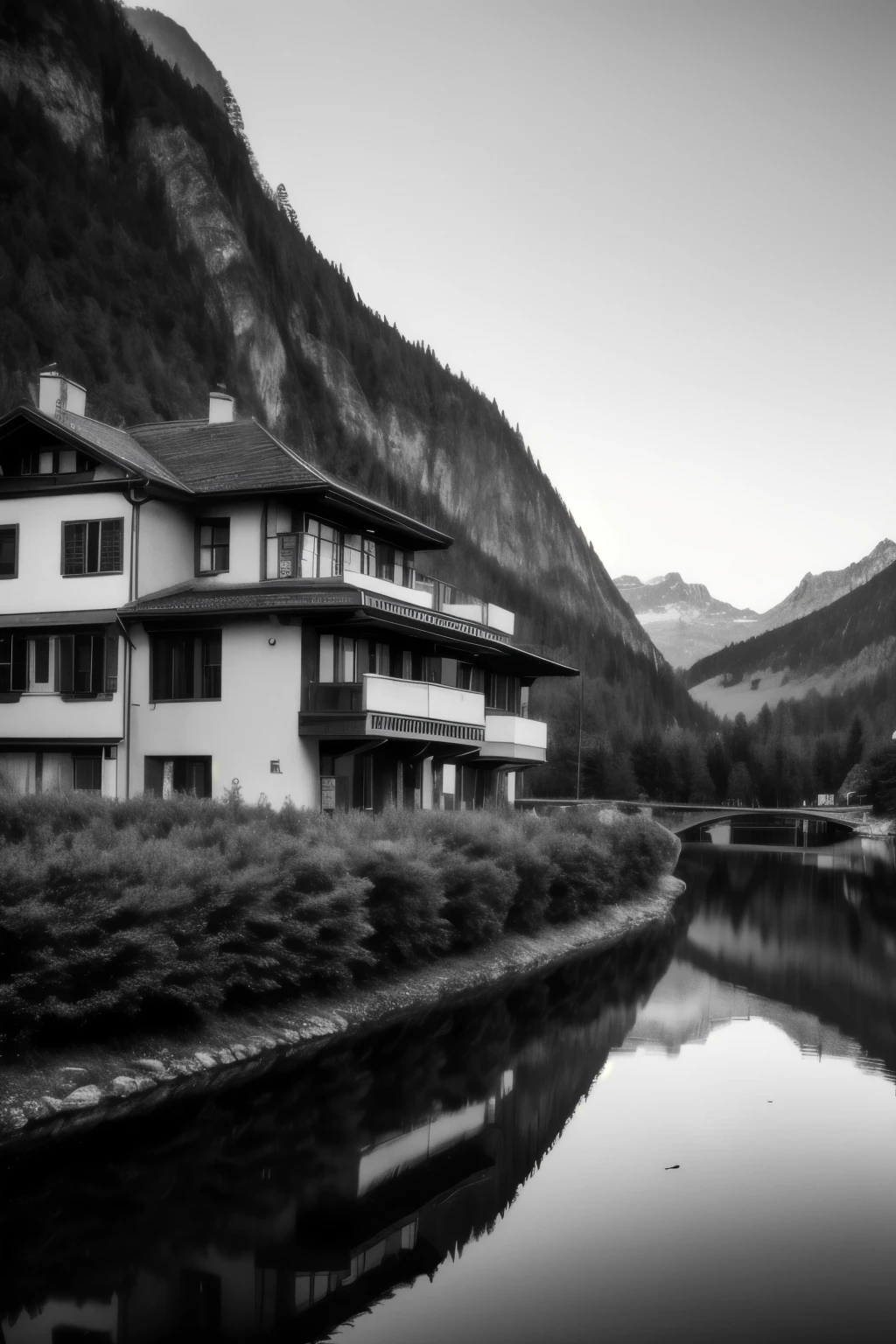 Swiss mountains, black-white color, dark, reflection, modern mansion, cars