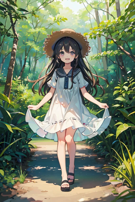 1 girl, solo, dark hair, long hair, 8 , child, suclothes, straw hat, wearing hat, white dress, pretty girl, happy, smiling, (background in forest), scenery,shrine, full body