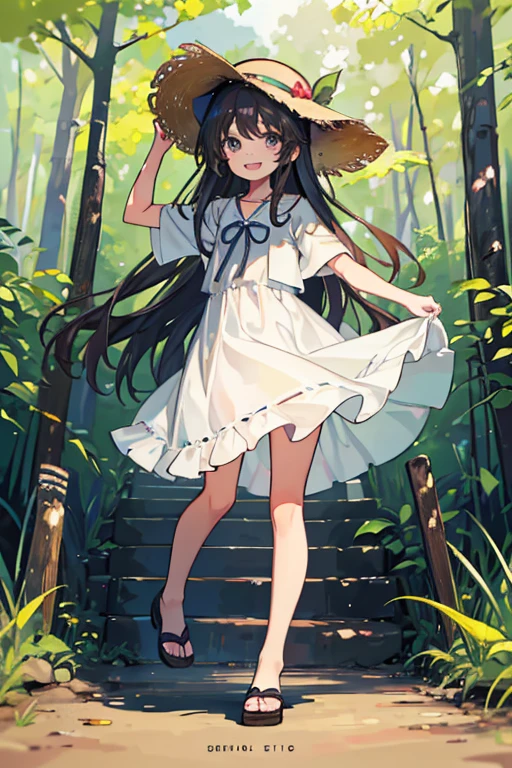 1 girl, solo, dark hair, long hair, 8 years old, child, summer clothes, straw hat, wearing hat, white dress, pretty girl, happy, smiling, (background in forest), scenery,shrine, full body