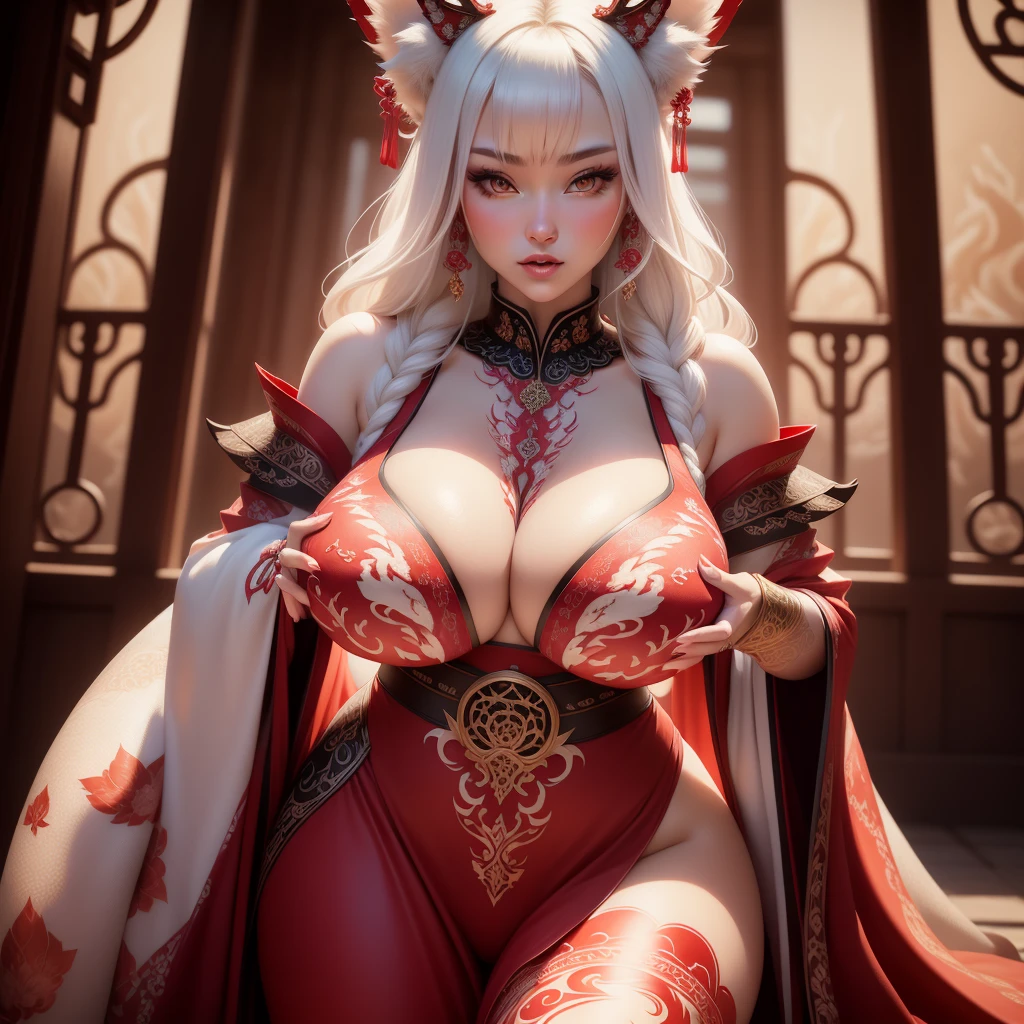REALISTIC VISION 1.4, BETTER VAE,sharp focus, ultra detail, 32k,realistic photo, intricate details, kitsune, intricate details ,woman, nine tails,intricate details,intricate details,big tits, Voluptuous body, intricate details, Miko,clothes long white dress with red details intricate details,tattoos intricate details,full body,