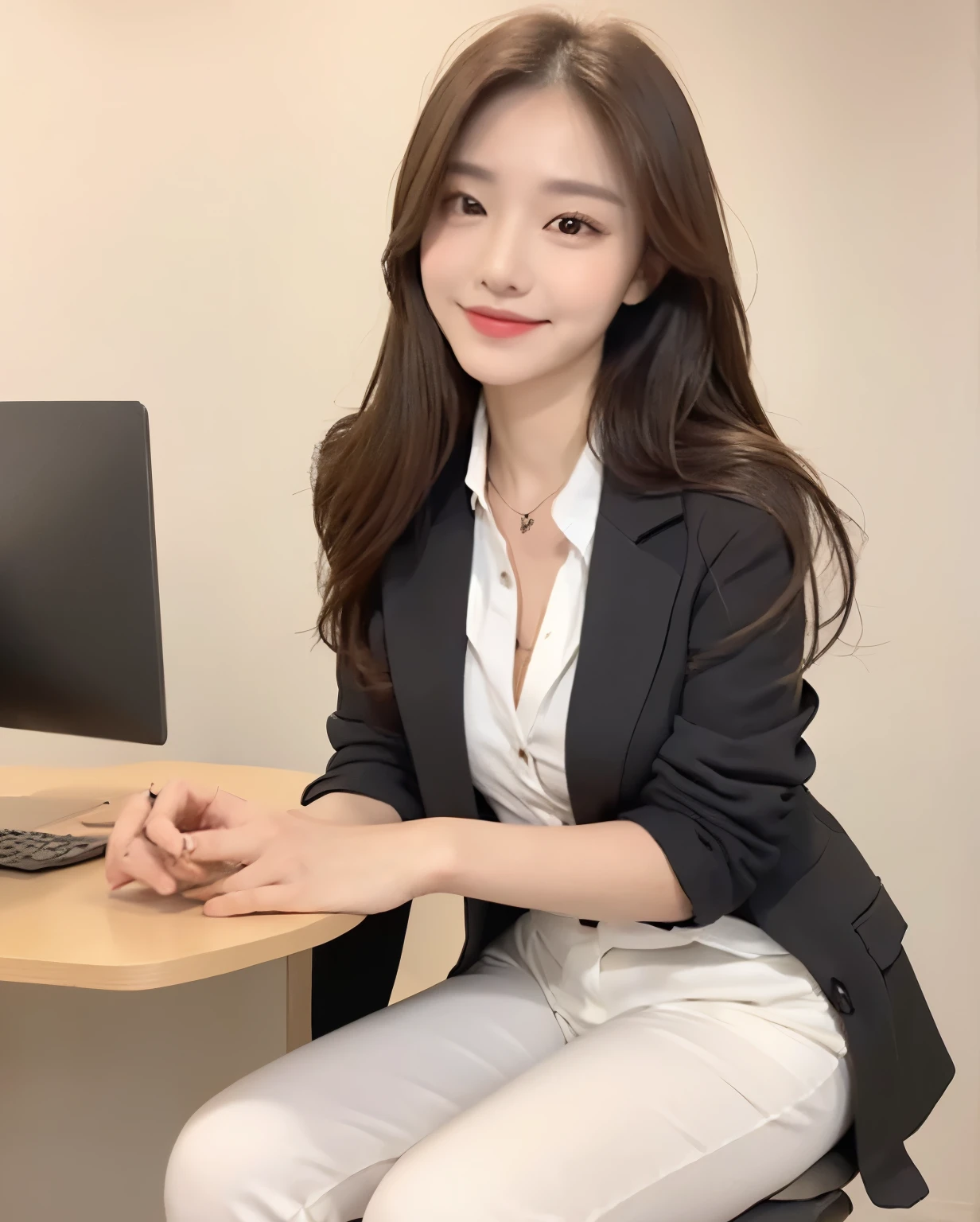 (Masterpiece, best resolution: 1.2), (brown eyes), seduction, smile, long brown hair, small breast, high-definition facial features, 8K, double eyelids, delicate facial feature, (((office))), ((((wearing a black blazer with white button-up shirt)))、(black trousers)、sitting on a chair, computer, (((full body)))