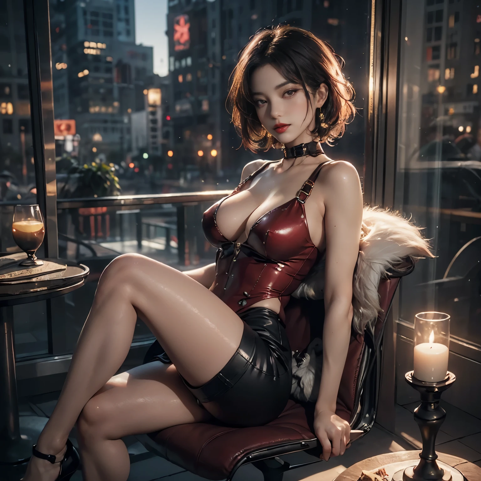 ((Raw photography,top-quality,hight resolution,Ray tracing,nffsw,Best Quality,Post-processing,portlate.3D,PureErosFace_V1:0.7,),(( Shiny dark red leather bondage outfit,golden luxury embroidery,Dark red BDSM,mistress,Bold figure,tight skirts,)))((((short hair hair,Emphasize cleavage,huge tit:4.0,Thin leg,Otto&#39;s eye,Elaborate depiction of limbs,a small nose,Have a perfect body,sleeveless,Full-body figure,high-heels,)))),((tthin eyebrows,long eyelashes,smil,二重まぶた,Vibrant eyes，looking down on viewers,red lipsticks,)),Create beautiful light effects on the background,Light Particle Filter,(finerly detailed face:1.3),chies,Sit on a chair and cross your legs,